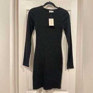 Plain Black Long Sleeve Bodycon Dress Ribbed Crew Neck Universal Thread